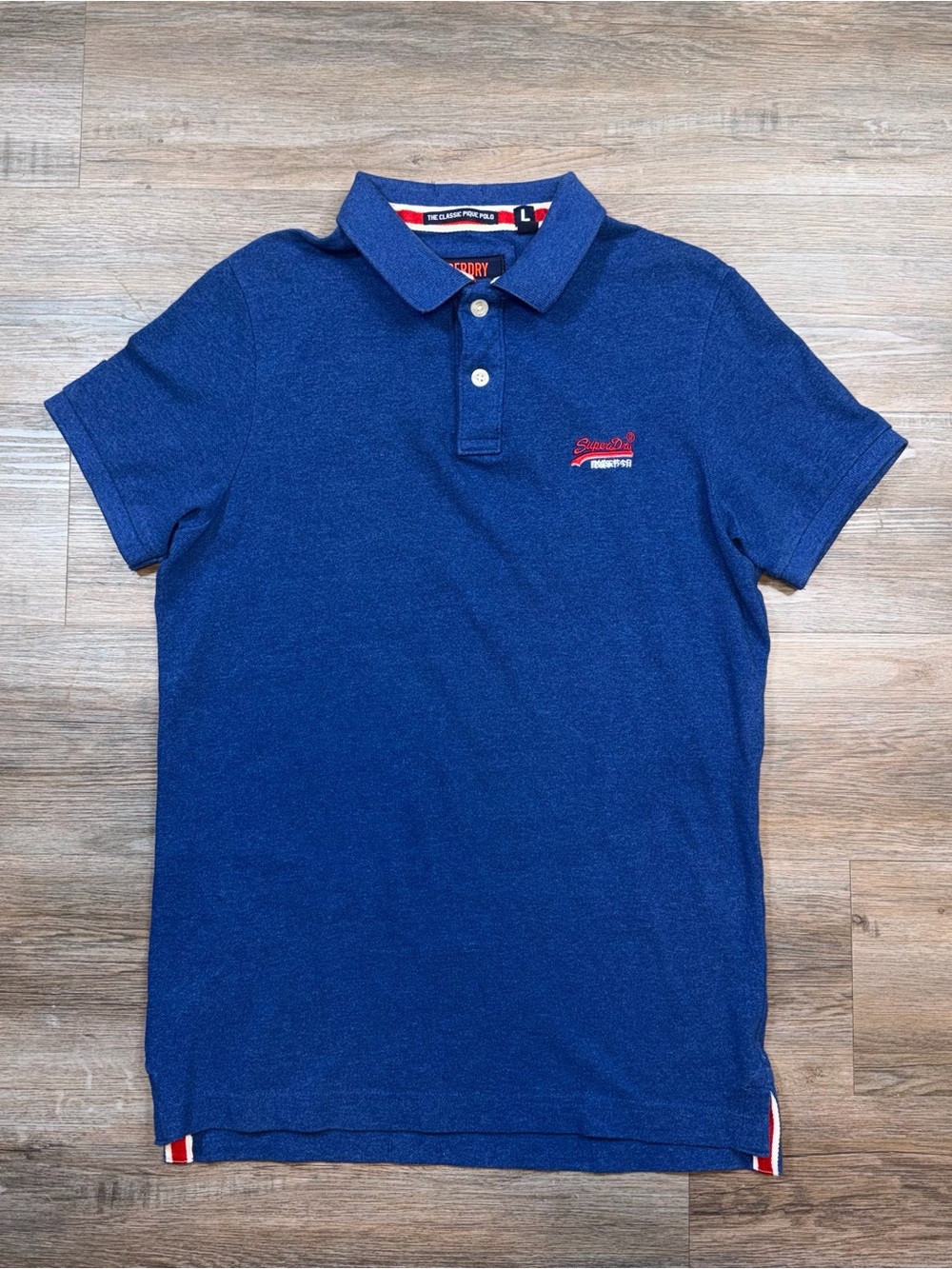 Superdry UK Japan Grindle Pique Cobalt Rich Blue Red Logo Polo Shirt Mens Large